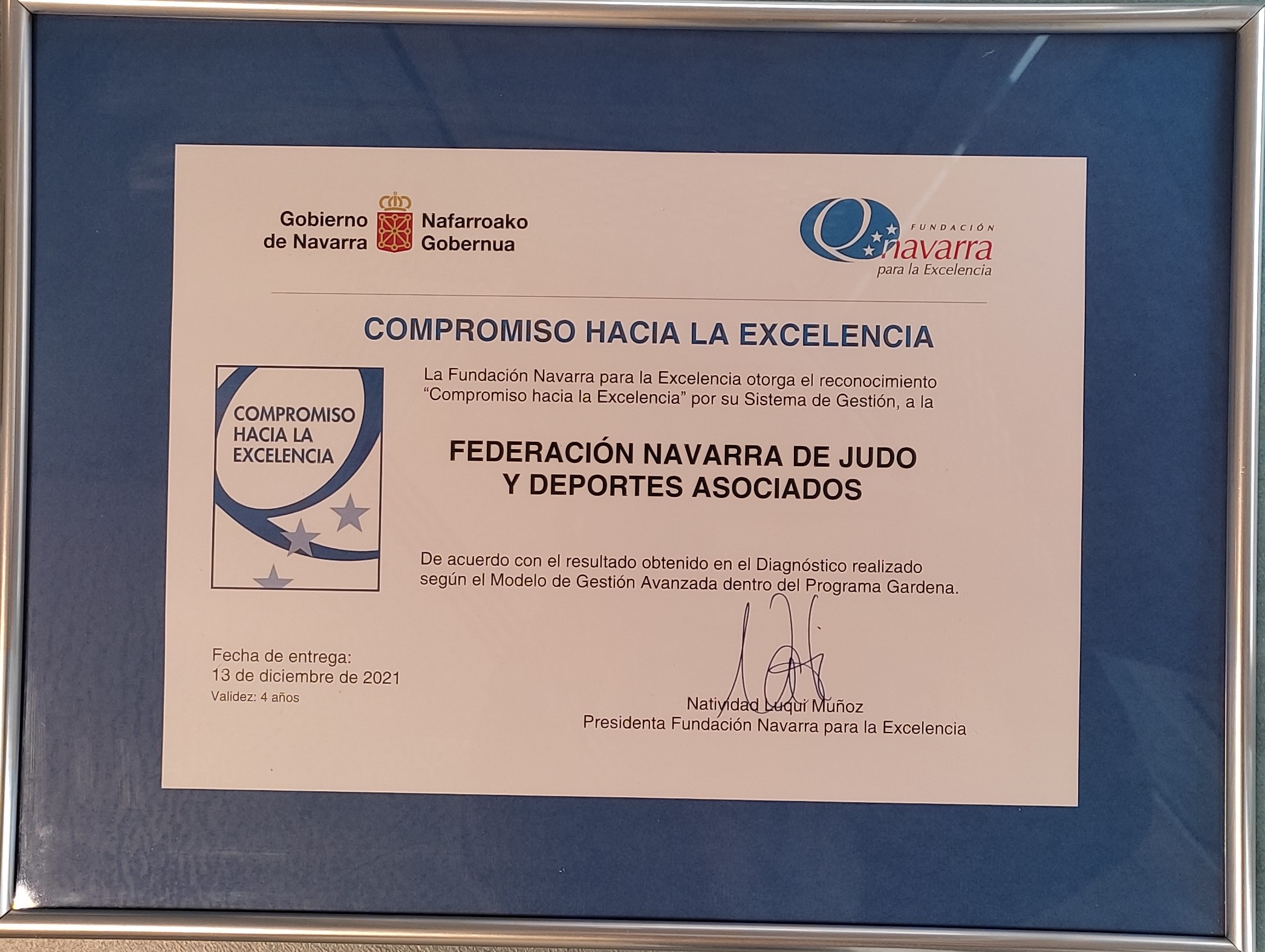 La Federación Navarra de Judo y D.A., recoge el certificado de "COMPROMISO HACIA LA EXCELENCIA" 13-12-21
